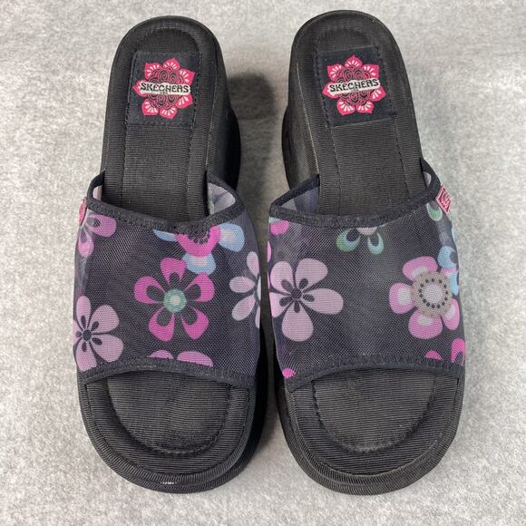 Vintage Y2K Skechers Platform Sandals Womens 10 Black Chunky Floral Slip On - Picture 1 of 9